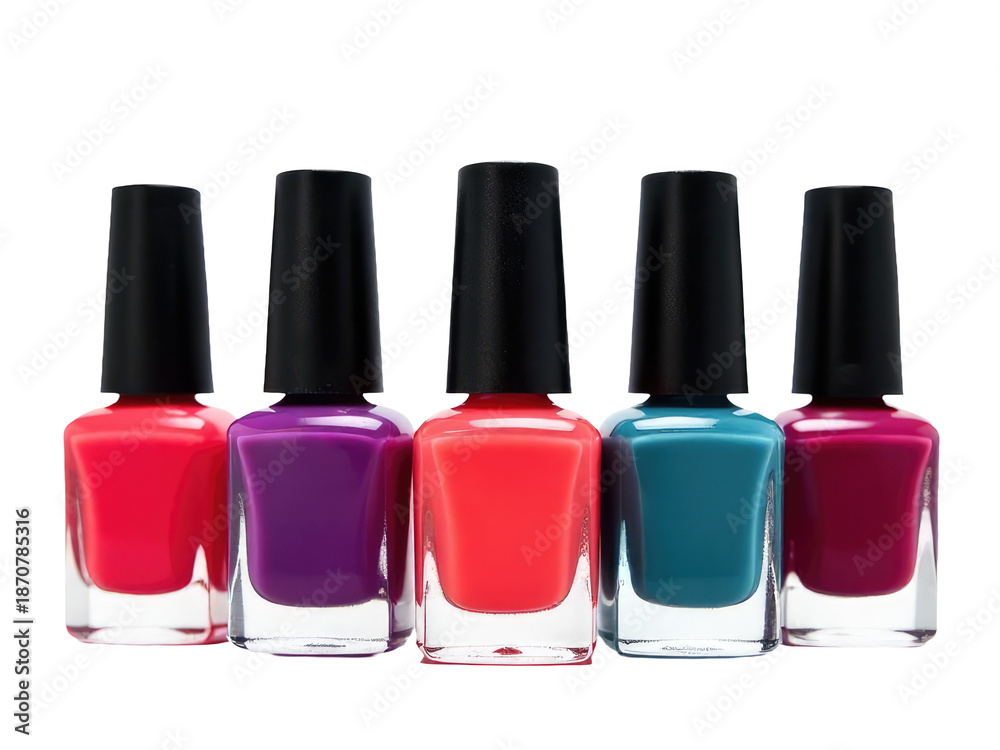Obraz premium A row of five colorful nail polish bottles on a table or shelf