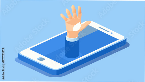 Hand emerging from smartphone screen in modern tech concept