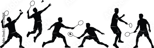 Badminton player silhouette vector set, featuring smash, jump, serve, and defensive rally action poses, dynamic racket sports movements for athletic design