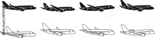 Airplane silhouette vector set, featuring commercial passenger jets in side views, black and outline styles, aviation transport graphics for design projects