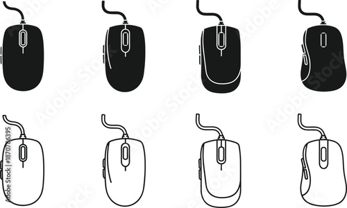 Computer mouse silhouette vector set, featuring wired optical mouse designs, black and outline styles, modern technology icons for digital interface use