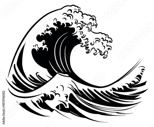 Japanese traditional line art illustration of an ocean wave depicting a powerful crashing motion for nautical and japanese culture designs
