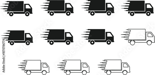 Fast delivery truck silhouette vector set, featuring shipping, logistics, and courier vehicles with motion speed lines for transportation and business design