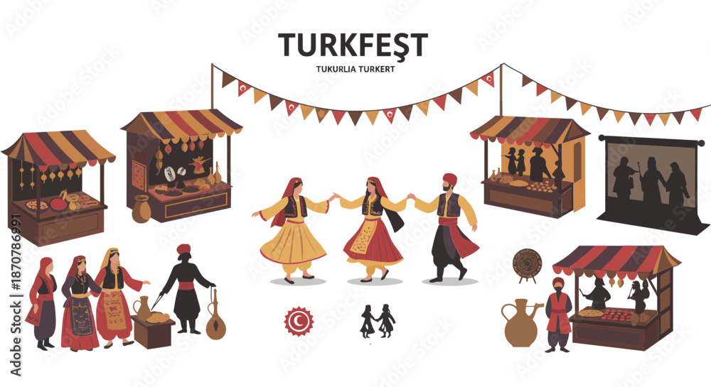 Naklejka premium Vibrant cultural festival scene with people in traditional attire dancing and vendors selling goods at wooden stalls under festive bunting