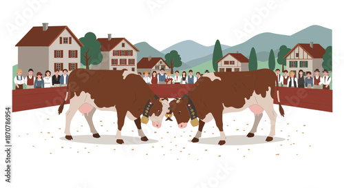 Cows competing in a rural competition scene with houses and spectators in the background