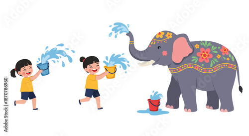 Children playfully splashing water on a decorated elephant during a festive event outdoors.