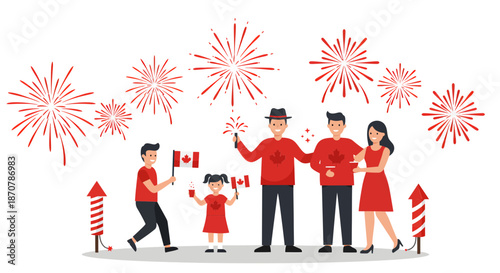 Family celebration with fireworks and festive attire in a joyful scene