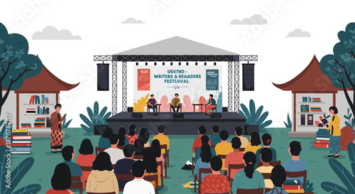 Outdoor festival scene with stage, audience, and cultural activities in a serene environment