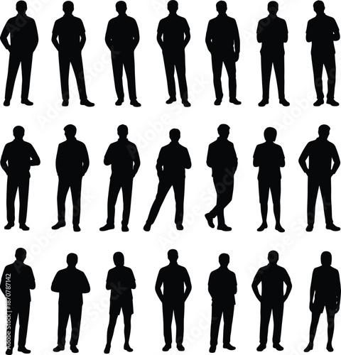 Men silhouettes standing poses collection, male human figures in casual and business postures isolated on white background illustration