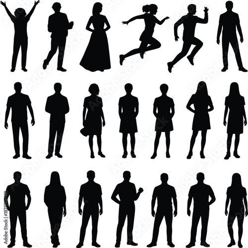 Active people silhouettes collection, men and women standing jumping dancing poses isolated on white background black illustration set