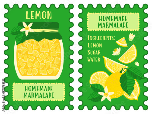 Colourful lemon marmalade card featuring a jar with fruit pieces, citrus slices, leaves, and an ingredients list. Ideal for homemade jam packaging, kitchen decor, recipes, and food branding.
