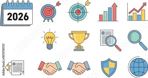 Comprehensive collection of business strategy icons illustrating planning, growth, achievement, innovation, and global collaboration for future success and secure partnerships