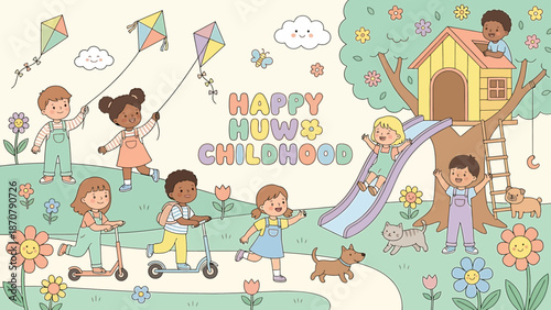 Children playing together in a vibrant outdoor playground with kites and flowers.