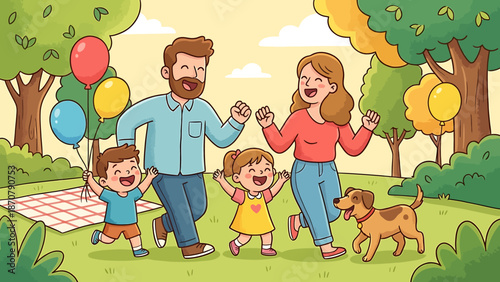 Happy family enjoying a picnic in the park together.