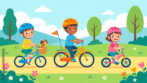 Children riding bicycles in a park on a sunny day.