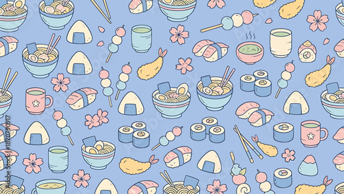 Assorted Japanese Food Cartoon Pattern with Sushi and Ramen.