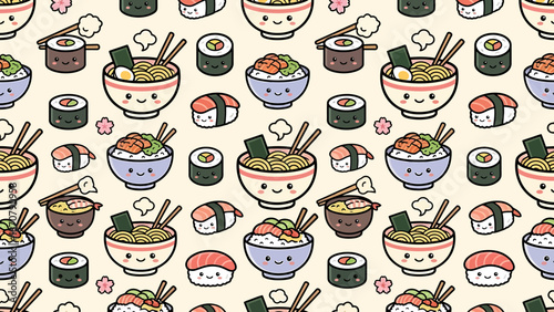 Cute cartoon sushi pattern with smiling bowls and chopsticks.