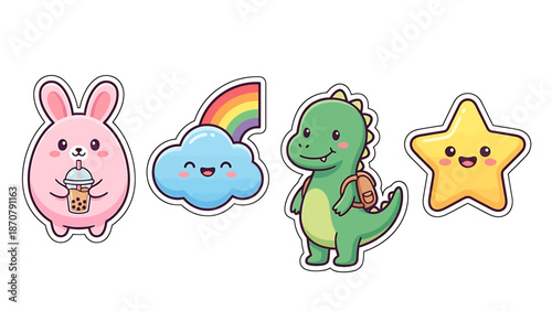 Cute cartoon characters with bunny, cloud, dinosaur, and star.