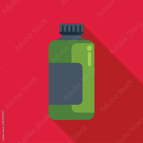Green plastic bottle illustration with a dark label and cap, featuring a long shadow