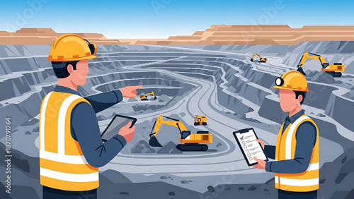 Two Miners in a Quarry Discussing Work with Tablets and Clipboards