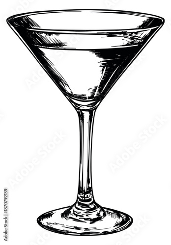 Line art illustration of a martini glass depicting an empty drinkware item for beverage and bar designs