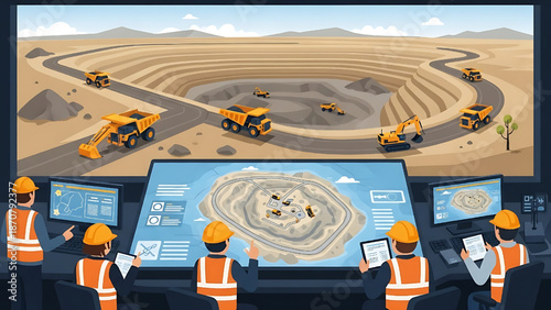 Advanced open-pit mining operations managed by a sophisticated control room utilizing cutting-edge technology for efficient resource extraction and remote monitoring of heavy machinery