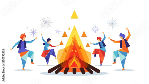 Vector illustration of people performing traditional dance around a Lohri bonfire at night with festive atmosphere and colorful sparks.