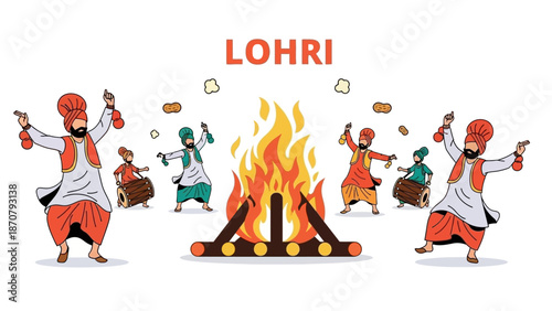 Vector illustration of traditional dancers performing around a Lohri bonfire at night, with vibrant colors and festive atmosphere.