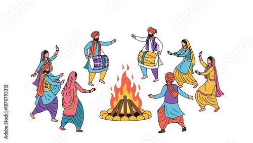 Vector illustration of people in traditional attire performing a Lohri dance around a bonfire at night with vibrant colors and dynamic movements.