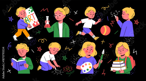 School group. Cheerful children school activities. Student with smile, happy pupil. Education character hold book. Geometric schoolboy, learner girl. Vector cartoon flat garish isolated illustration