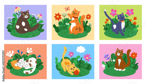 Cat in garden. Pet in flowers. Peaceful animal in summer. Happy cute kitten in floral meadow. Spring nature. Kitty charming sticker. Square cards. Vector tidy cartoon flat style isolated illustration