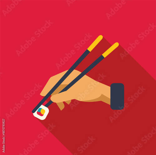 Hand holding a sushi roll with chopsticks against a red background
