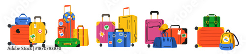 Travel luggage. Suitcases and bags with colorful stickers. Different sizes of backpacks. Vacation journey. Airport tags. Baggage claim tickets. Holiday trip vector tidy cartoon flat style isolated set