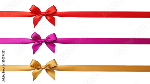 Collection of red, magenta, and gold ribbon bows with background removal for gift wraps