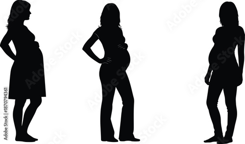 Silhouettes of Pregnant Individuals in Varied Poses and Outfits, Ideal for Maternity, Wellness, or Educational Design Projects