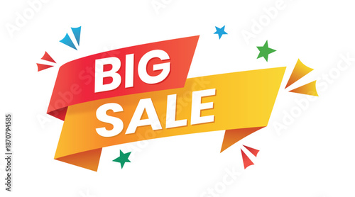 "Big Sale" E-Commerce Ribbon Badge, Orange Gradient Flat Style, Retail Marketing Banner, Discount Badge, Editable Vector File