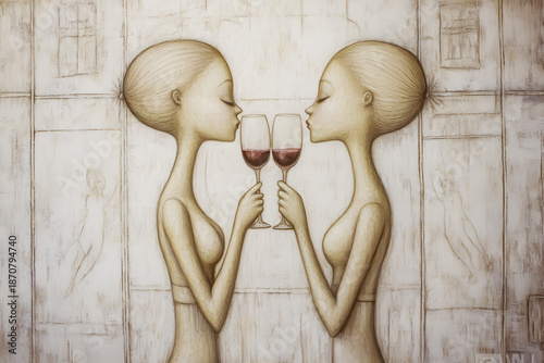 Minimalist illustration of Two women toasting with wine. Valentine's day greeting card