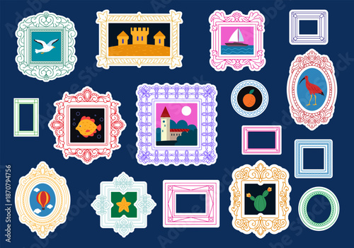 Picture frame. Old border. Retro frame for mirror. Frameworks for photography. Shape of floral pattern. Vintage photo decoration. Golden dividing line. Vector tidy doodle isolated illustration set