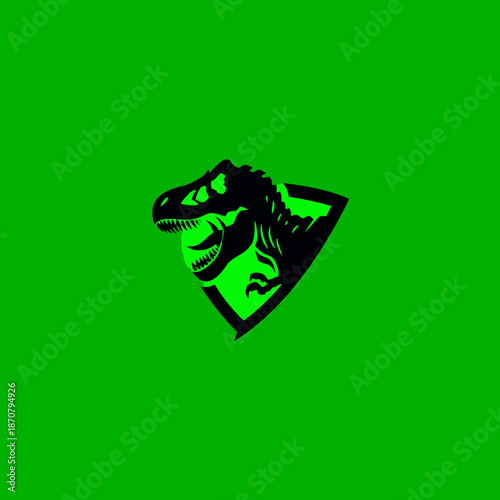 Black dinosaur silhouette on green background vector illustration