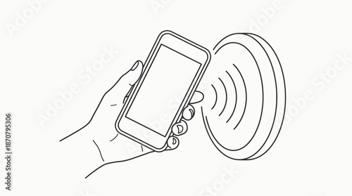 Line art illustration of a hand holding a smartphone near a wireless charging pad, showcasing modern wireless power transfer and mobile charging concept.