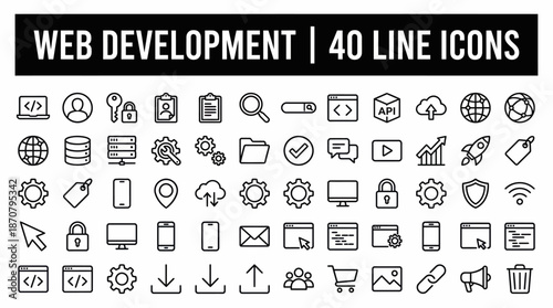 Set of 40 thin line icons for web development, UI/UX design, front-end coding and web applications.