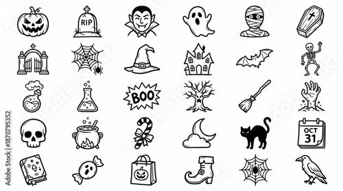 Halloween-themed doodle icon set featuring pumpkins, skulls, witches, ghosts, bats, potions, cauldrons and other spooky symbols for festive design projects