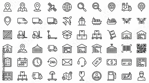 Collection of grayscale line icons for UI/UX design, covering travel, business, technology, and everyday concepts in a clean outline style.