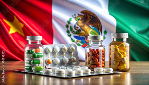 Medicine Bottles And Pills On A Table With Mexican Flag Background And Packets.