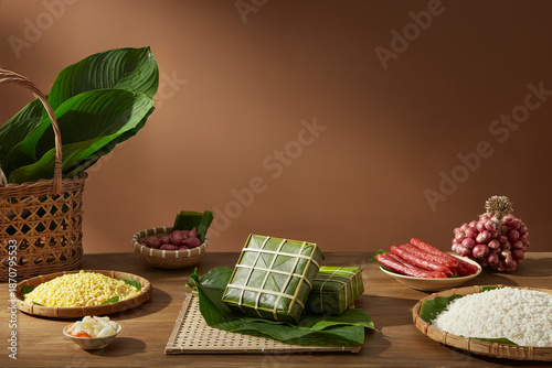 Photography Vietnamese Chung cakes ingredients displayed on wooden table, warm lighting, modern traditional Tet food still life
