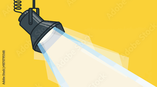 Vector illustration of a stage spotlight shining a bright beam on a bold yellow background, highlighting theatrical lighting and stage design.