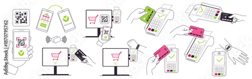Contactless payment. Money transaction. Mobile bank. Credit card. Wireless finance transfer. Cashless POS terminal. Phone in hand QR code scanning. Cashier paying with smartwatch. Vector concepts set