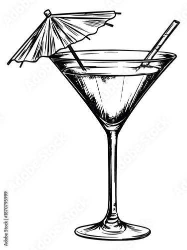Hand drawn line art illustration of a cocktail in a martini glass depicting an umbrella and straw for a summer refreshment