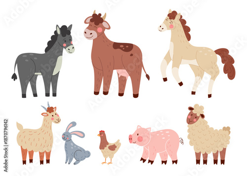 Farm animals. Cartoon livestock. Cute cow and horse stallion. Domestic pig. Farming donkey. Chicken hen. Pet rabbit. Goat or sheep breeding. Cattle ranch. Countryside bull. Isolated mammals vector set