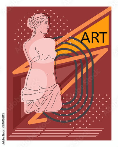 Art poster. Greek woman statue. Ancient marble sculpture. Contemporary collage. Antique artwork exhibition. Female goddess. Aphrodite gypsum body. Geometric and dotted shapes. Vector creative banner